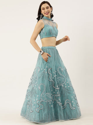 Sequin and pearl embroidered Sky Blue Net Lehenga with Pocket!