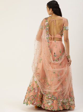 Peach multicolor floral Sequin embroidered net Lehenga