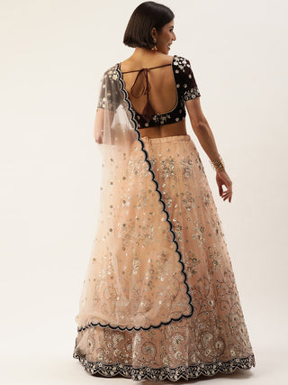 Sequin and mirror embroidered Lehenga in Peach and coffee brown
