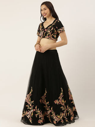 Floral embroidered stone studded Black Net Lehenga