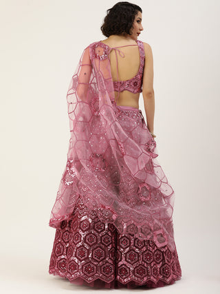 pink sequin and thread embroidered Net Lehenga
