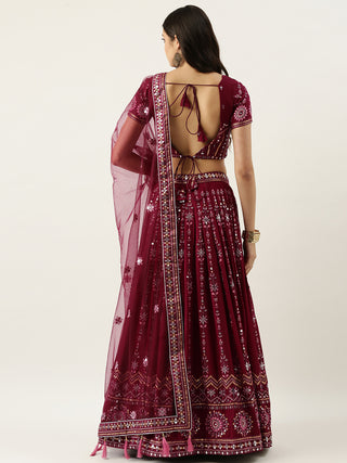 Sequence embroidered Burgundy georgette Lehenga