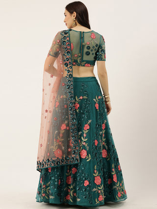 Teal net Lehenga with sequins, crystal mirror, stone work