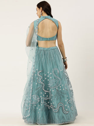 Sequin and pearl embroidered Sky Blue Net Lehenga with Pocket!