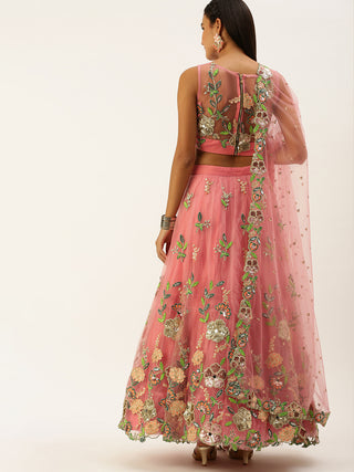 Pink multicolor floral Sequin embroidered net Lehenga