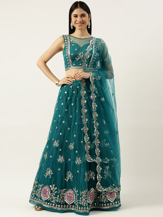 Dark sea green thread embroidered net Lehenga