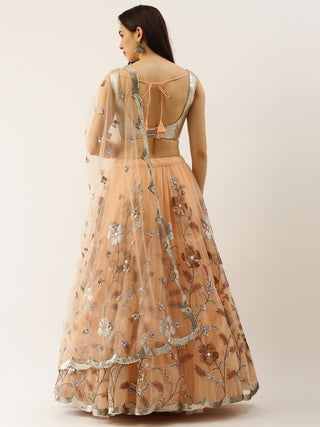 Sequin embroidered peach Net Lehenga