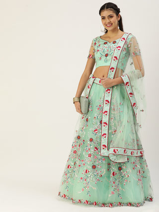 Sea green net floral sequin and thread work Lehenga