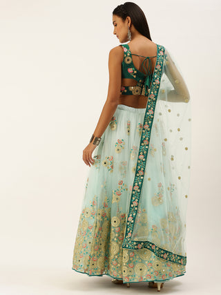 Turquoise blue net sequence and mirror embroidered Lehenga