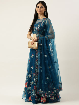 Dark Teal-Peach combination Sequin embroidered Net Lehenga