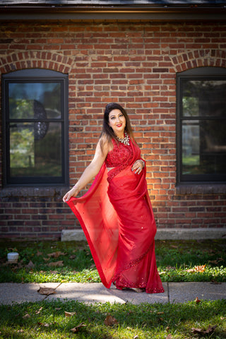 Pre-Stitched Saree in Red