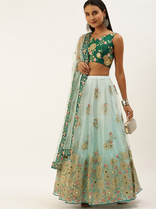 Turquoise blue net sequence and mirror embroidered Lehenga