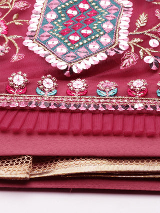 Dark Rose thread embroidered net Lehenga