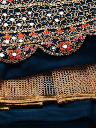 Teal mirror and thread work embroidered net Lehenga with pocket