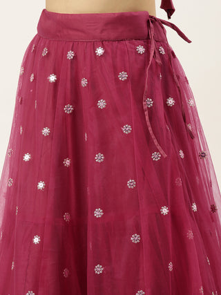 Dark Rose thread embroidered net Lehenga