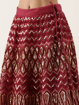 Sequin embroidered maroon Net Lehenga