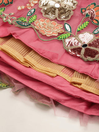 Pink multicolor floral Sequin embroidered net Lehenga