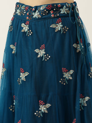 Dark Teal-Peach combination Sequin embroidered Net Lehenga