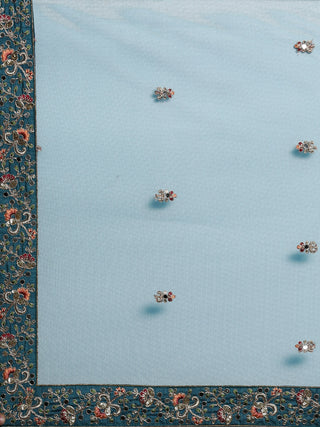 Teal mirror and flower motifs embroidered net Lehenga