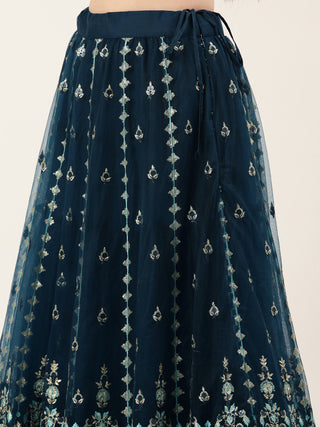 Midnight Navy Blue honey comb pattern sequined net Lehenga set