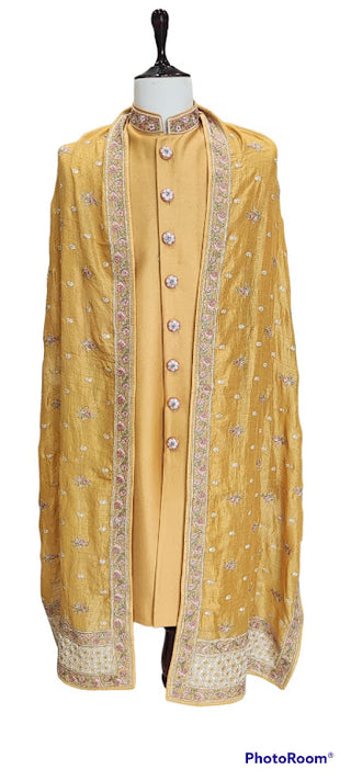 Canary yellow sherwani with embroidered stole