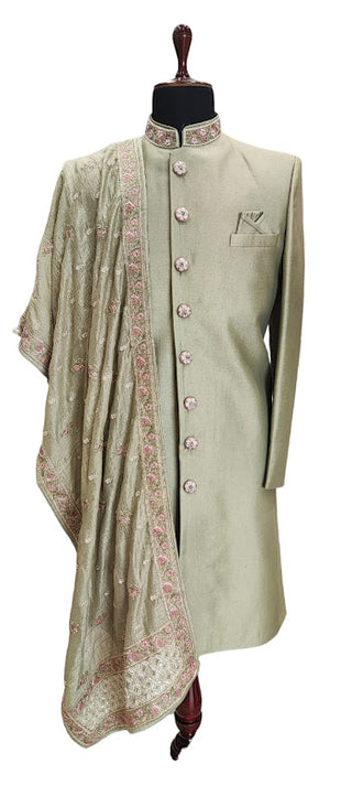 Mint green sherwani with embroidered stole