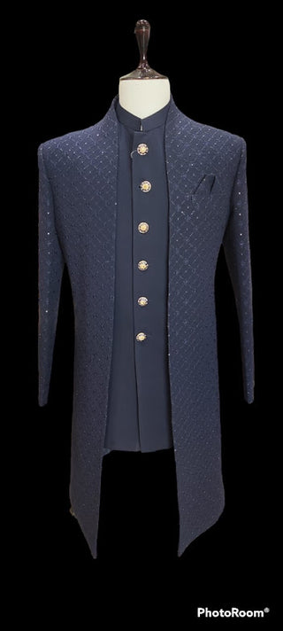 Navy blue 2 piece embroidered sherwani