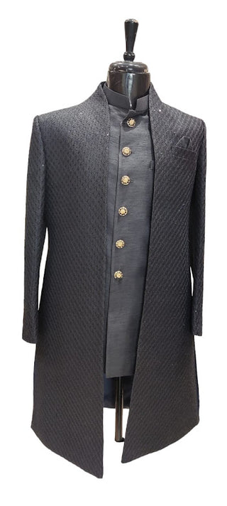 Black 2 piece embroidered raw silk sherwani