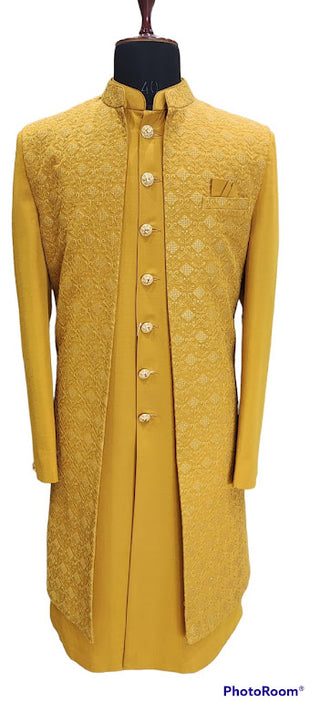 Mustard 2-piece embroidered sherwani