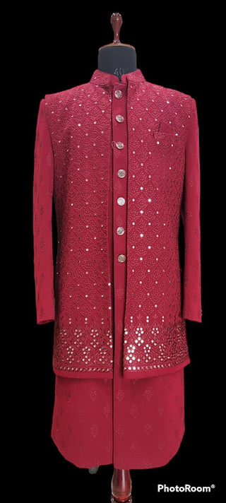 Red color 2-piece mirror embroidered sherwani