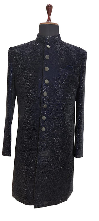 Midnight blue sherwani embroidered with mukaish work