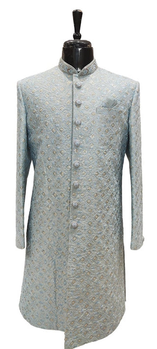 Elegant pale blue  sherwani with light gold sequin embroidery