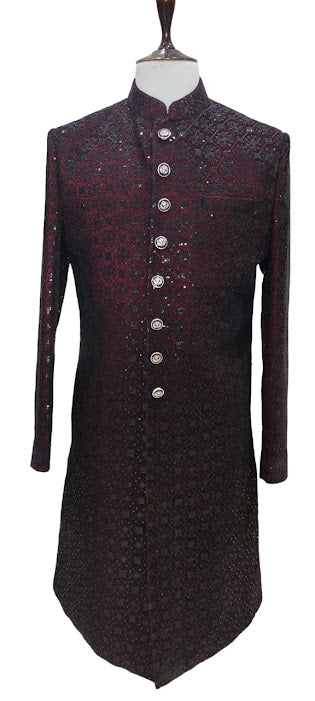 Deep Maroon and Black Sequence work sherwani