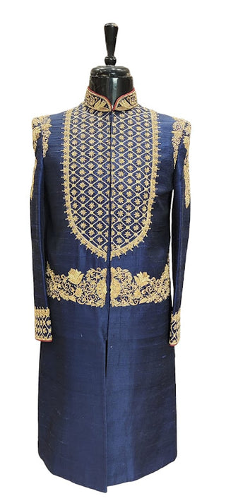Raw silk Navy blue embroidered sherwani