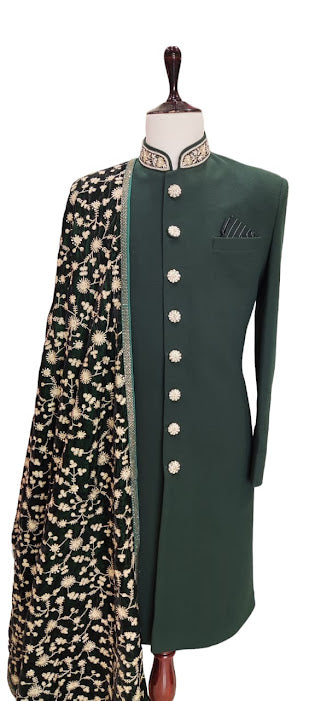 Bottle Green sherwani with embroidered stole