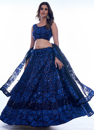 Navy Blue Georgette thread and sequence work floral Lehenga