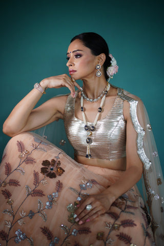 Sequin embroidered peach Net Lehenga