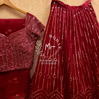 silk dainty maroon mirror lehenga choli