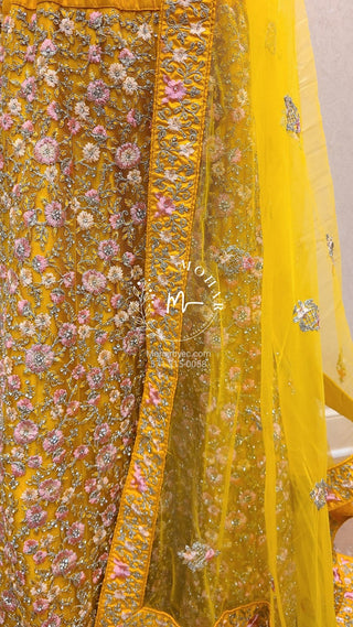 Resham flowers with crystal Lehenga - yellow