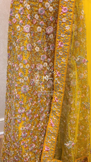 Resham flowers with crystal Lehenga - yellow