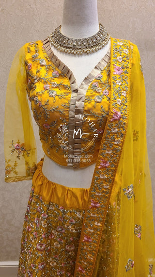 Resham flowers with crystal Lehenga - yellow