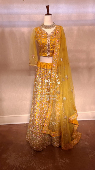 Resham flowers with crystal Lehenga - yellow