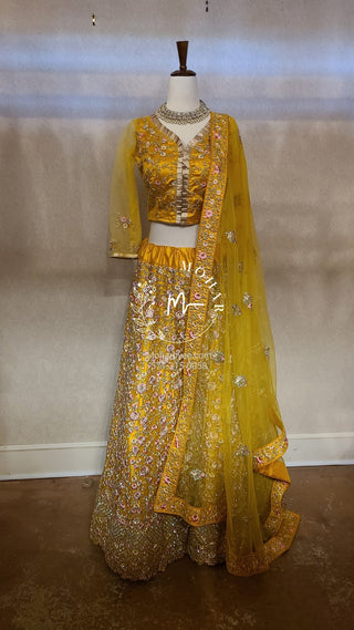 Resham flowers with crystal Lehenga - yellow