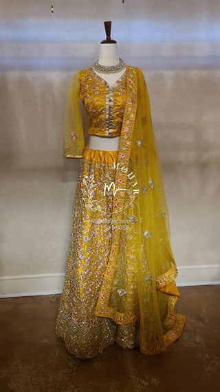 Resham flowers with crystal Lehenga - yellow