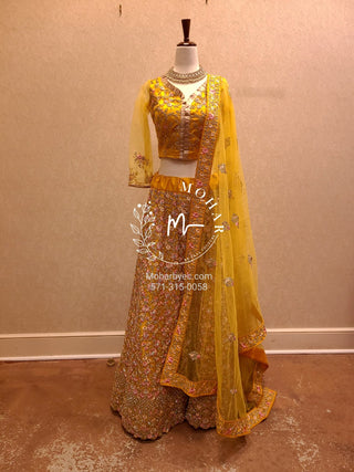 Resham flowers with crystal Lehenga - yellow