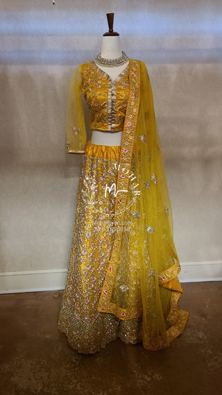 Resham flowers with crystal Lehenga - yellow