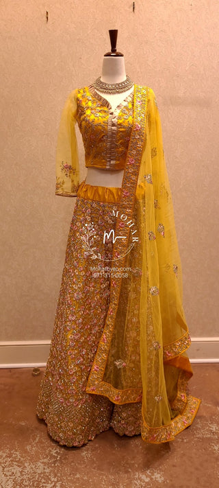 Resham flowers with crystal Lehenga - yellow