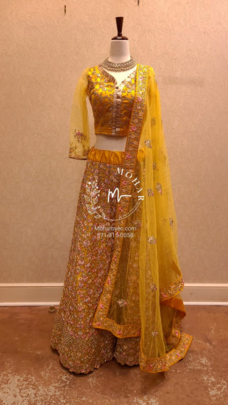 Resham flowers with crystal Lehenga - yellow