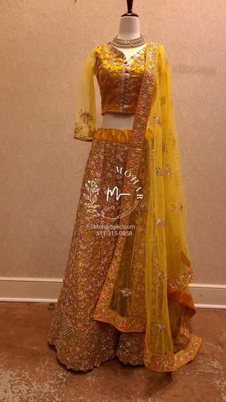 Resham flowers with crystal Lehenga - yellow