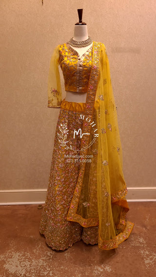 Resham flowers with crystal Lehenga - yellow